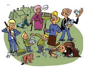 tegning som viser dugnadsaktiviteter