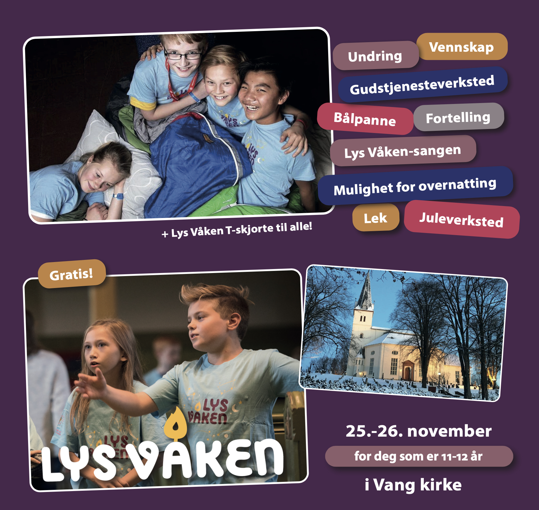 Barn med Lys Våken-tshirt og bilde av Vang kirke